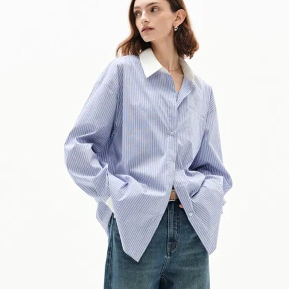 Nao Striped Shirt in Cotton Poplin, Blue Stripe, Size S - Picture 6 of 13